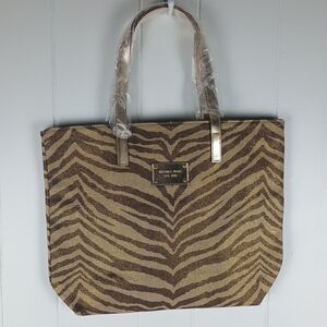 Michael Kors Metallic Gold Canvas Zebra Print Large Tote Purse Bag